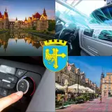 Kolaż: zamek, wnętrze samochodu z klimatyzacją, herb Opola, rynek miejski.
