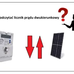 Licznik prądu dwukierunkowy, panel słoneczny, czerwone strzałki w górę i w dół, sylwetka mężczyzny z znakiem zapytania.