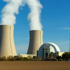 Dwie chłodnie kominowe elektrowni jądrowej z białym dymem na tle błękitnego nieba.