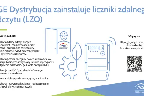 Ilustracja przedstawia schemat licznika zdalnego odczytu PGE z ikonami pracownika, koła zębatego i liścia.