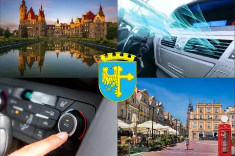 Kolaż: zamek, wnętrze samochodu z klimatyzacją, herb Opola, rynek miejski.